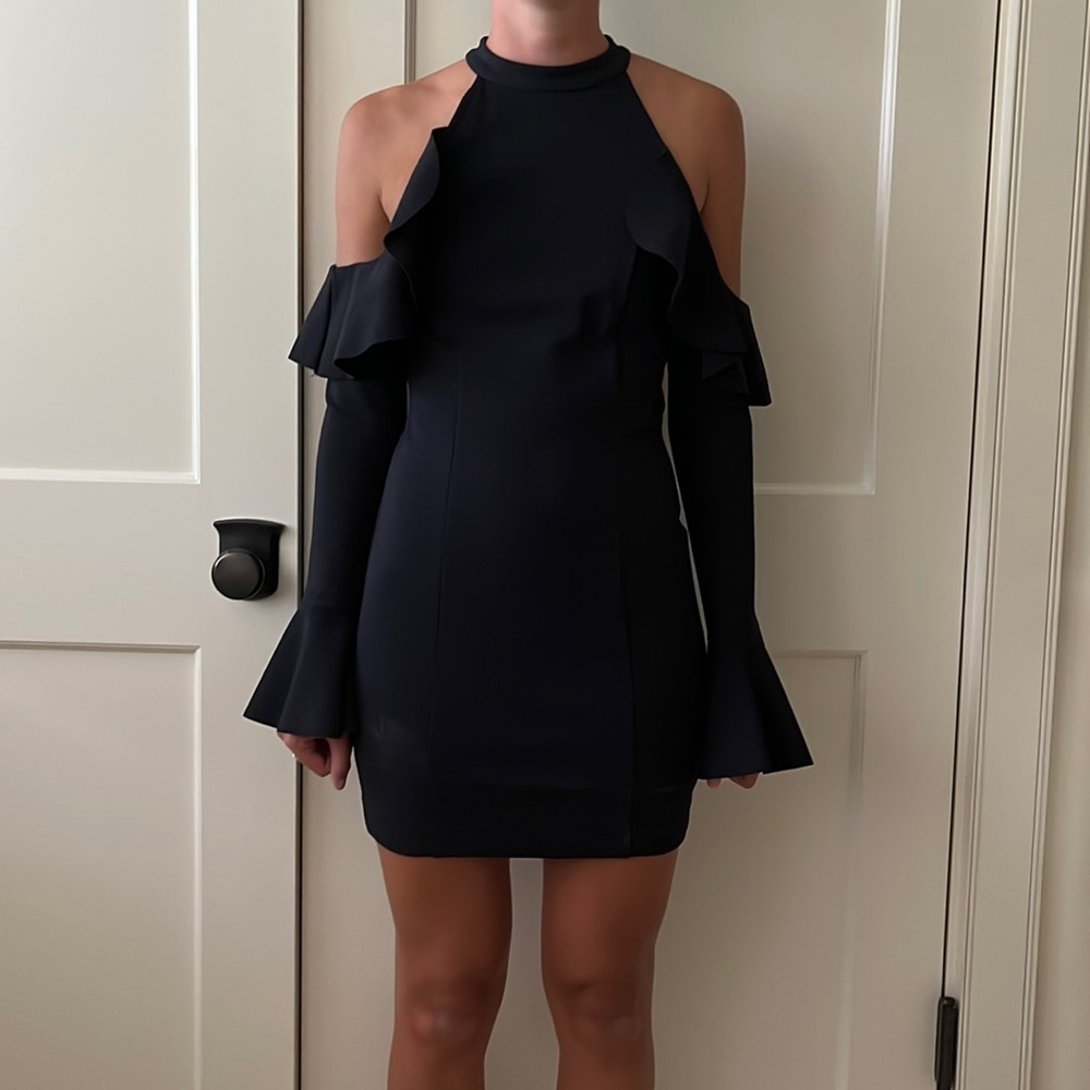 Black ruffle col shoulder dress